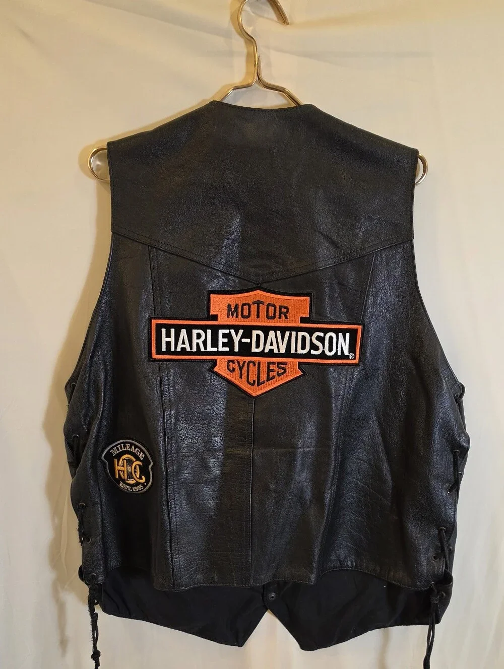 Vintage MOB Leather Biker Vest XL Patched Harley Davidson Bar Shield Sturgis 93
